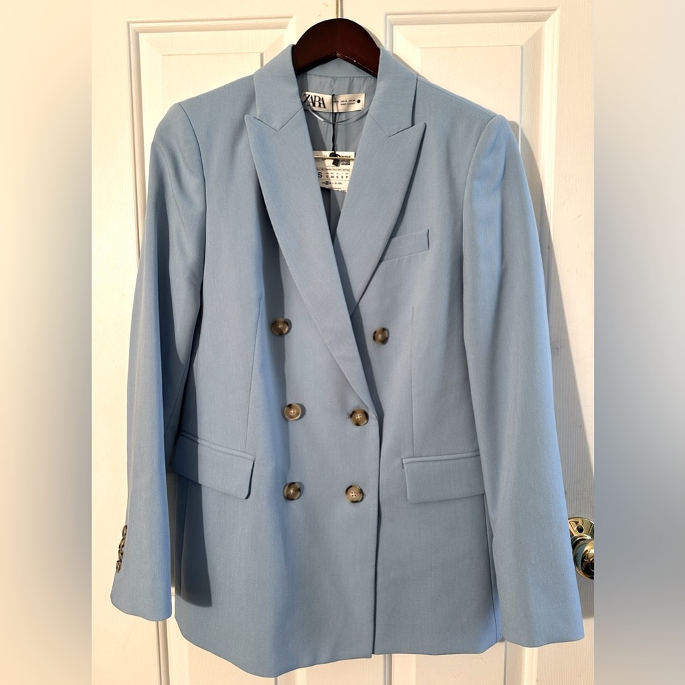 NWT Zara Sky Blue Double Breasted Fully Lined Blazer - Picture 5 of 16